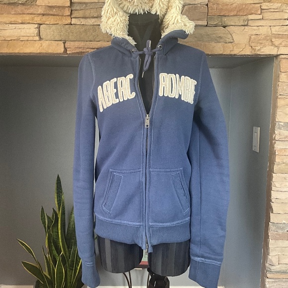 VTG Abercrombie & Fitch Y2K Sherpa Full Zipper Hoodie Jacket Thick Cozy Blue L - Picture 1 of 9